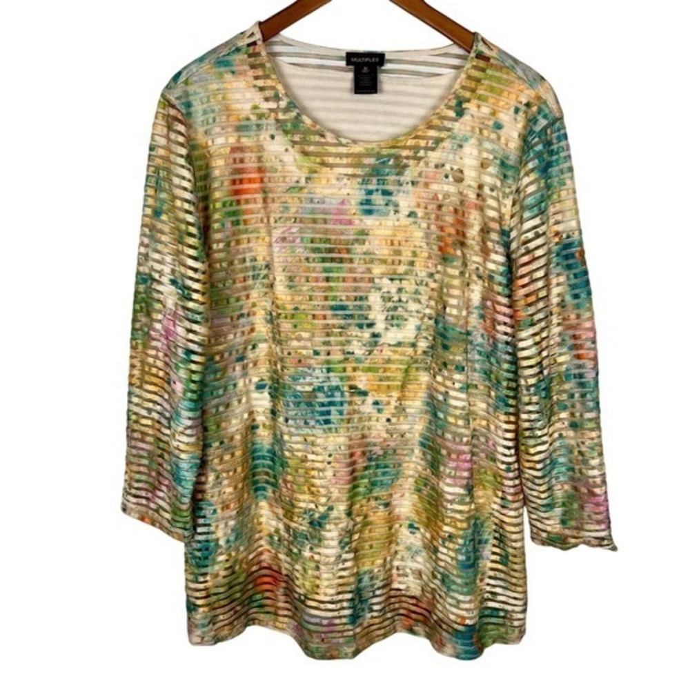 ☘️5/$25 Autumn Colors Velvet Burnout Top Size 1X Nature Sheer 3/4 Sleeve Whimsy